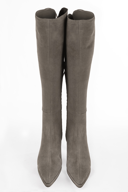 Bronze beige women's knee-high boots, with laces at the back. Tapered toe. Very high slim heel with a platform at the front. Made to measure. Top view - Florence KOOIJMAN